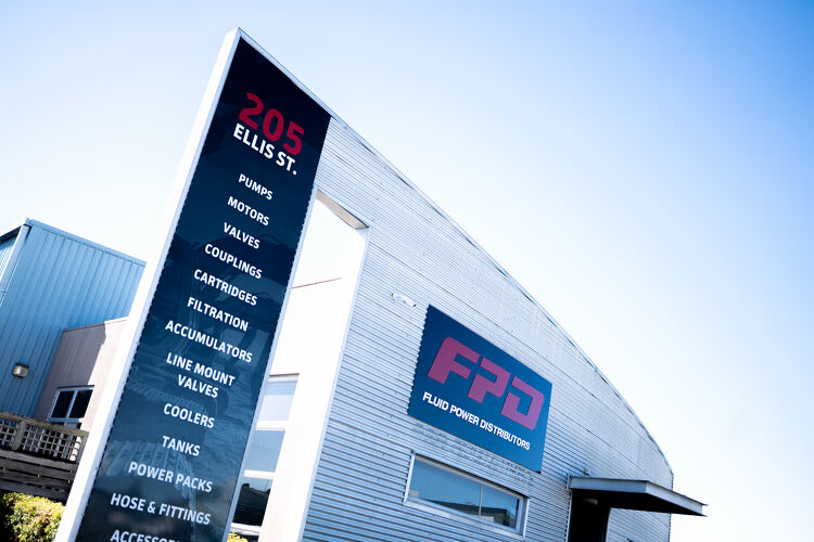 Fluid Power Distributors premises at 205 Ellis Street, Frankton, Hamilton — hydraulic components supplier stocking pumps, motors, valves, filtration, accumulators, power packs, hose and fittings