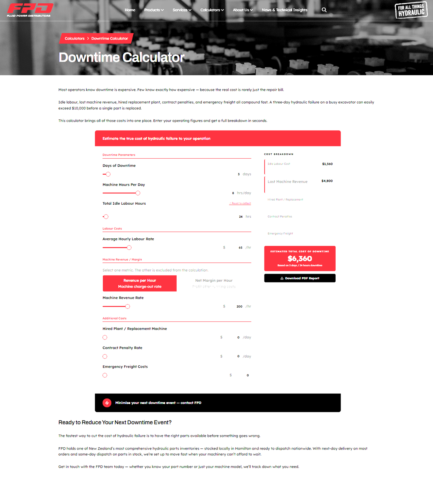 Hydraulic equipment downtime calculator screenshot