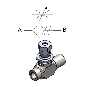 Inline Unidirectional flow regulator (90°) — hydraulic valve for flow control, pressure regulation, or circuit protection in mobile and industrial hydraulic systems, supplied by Fluid Power Distributors (FPD), Hamilton New Zealand — hydraulic valve specialists for construction, agriculture, forestry, and industrial applications across New Zealand
