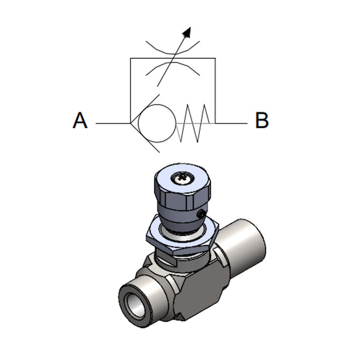 Inline Unidirectional flow regulator (90°) — hydraulic valve for flow control, pressure regulation, or circuit protection in mobile and industrial hydraulic systems, supplied by Fluid Power Distributors (FPD), Hamilton New Zealand — hydraulic valve specialists for construction, agriculture, forestry, and industrial applications across New Zealand