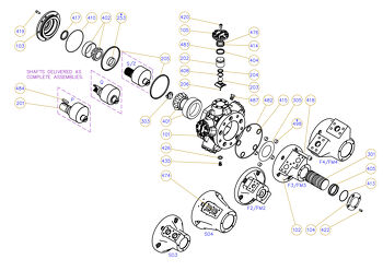 Exploded view technical diagram of Kawasaki Staffa HMB030/045 radial piston motor and genuine spare parts — including motorcase, cylinder head, pistons, con-rods, bearings, and seals — genuine KPM replacement parts supplied by Fluid Power Distributors (FPD), New Zealand's exclusive Kawasaki Precision Machinery distributor and authorised service centre, Hamilton New Zealand