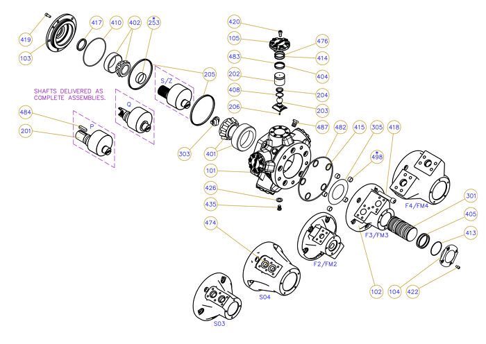 Exploded view technical diagram of Kawasaki Staffa HMB030/045 radial piston motor and genuine spare parts — including motorcase, cylinder head, pistons, con-rods, bearings, and seals — genuine KPM replacement parts supplied by Fluid Power Distributors (FPD), New Zealand's exclusive Kawasaki Precision Machinery distributor and authorised service centre, Hamilton New Zealand