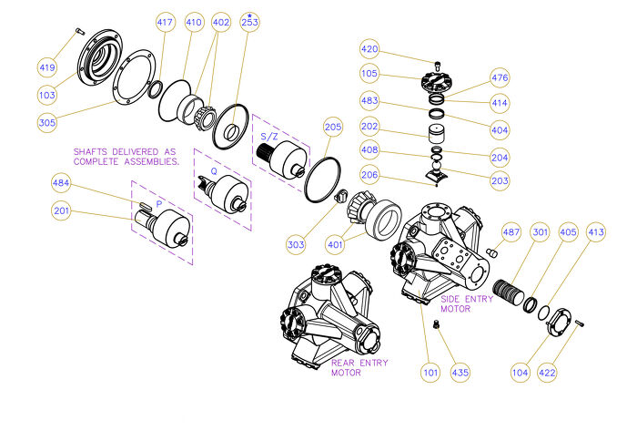 Exploded view technical diagram of Kawasaki Staffa HMB030 radial piston motor and genuine spare parts — including motorcase, cylinder head, pistons, con-rods, bearings, and seals — genuine KPM replacement parts supplied by Fluid Power Distributors (FPD), New Zealand's exclusive Kawasaki Precision Machinery distributor and authorised service centre, Hamilton New Zealand