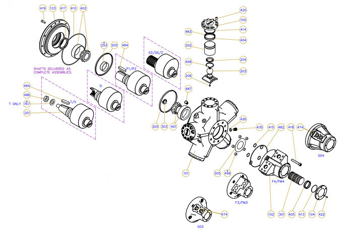 Exploded view technical diagram of Kawasaki Staffa HMB060 radial piston motor and genuine spare parts — including motorcase, cylinder head, pistons, con-rods, bearings, and seals — genuine KPM replacement parts supplied by Fluid Power Distributors (FPD), New Zealand's exclusive Kawasaki Precision Machinery distributor and authorised service centre, Hamilton New Zealand