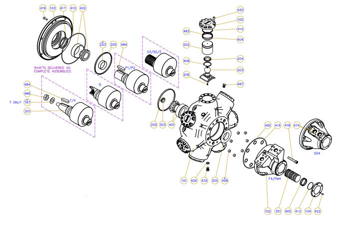 Exploded view technical diagram of Kawasaki Staffa HMB270 radial piston motor and genuine spare parts — including motorcase, cylinder head, pistons, con-rods, bearings, and seals — genuine KPM replacement parts supplied by Fluid Power Distributors (FPD), New Zealand's exclusive Kawasaki Precision Machinery distributor and authorised service centre, Hamilton New Zealand