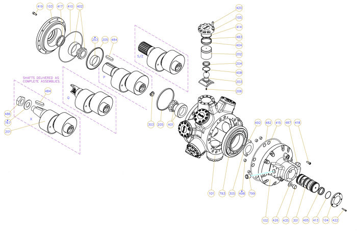 Exploded view technical diagram of Kawasaki Staffa HMHDB400 radial piston motor and genuine spare parts — including motorcase, cylinder head, pistons, con-rods, bearings, and seals — genuine KPM replacement parts supplied by Fluid Power Distributors (FPD), New Zealand's exclusive Kawasaki Precision Machinery distributor and authorised service centre, Hamilton New Zealand