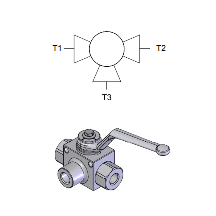 3-Way BSPP Ball Valve — hydraulic valve for flow control, pressure regulation, or circuit protection in mobile and industrial hydraulic systems, supplied by Fluid Power Distributors (FPD), Hamilton New Zealand — hydraulic valve specialists for construction, agriculture, forestry, and industrial applications across New Zealand
