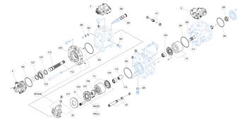 Exploded view technical diagram of Kawasaki K5V80DT axial piston hydraulic main pump and spare parts — including pistons, valve plate, swashplate, barrel, bearings, seals, and regulator components — genuine KPM replacement parts stocked and supplied by Fluid Power Distributors (FPD), New Zealand's exclusive Kawasaki Precision Machinery distributor and authorised service centre, Hamilton New Zealand