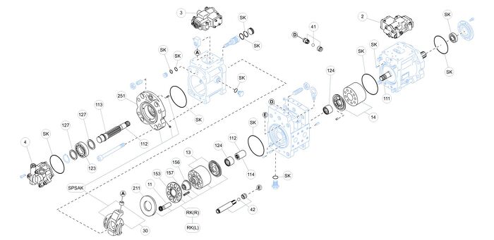 Exploded view technical diagram of Kawasaki K5V160DT axial piston hydraulic main pump and spare parts — including pistons, valve plate, swashplate, barrel, bearings, seals, and regulator components — genuine KPM replacement parts stocked and supplied by Fluid Power Distributors (FPD), New Zealand's exclusive Kawasaki Precision Machinery distributor and authorised service centre, Hamilton New Zealand