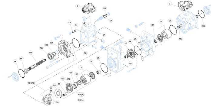Exploded view technical diagram of Kawasaki K5V200DTH axial piston hydraulic main pump and spare parts — including pistons, valve plate, swashplate, barrel, bearings, seals, and regulator components — genuine KPM replacement parts stocked and supplied by Fluid Power Distributors (FPD), New Zealand's exclusive Kawasaki Precision Machinery distributor and authorised service centre, Hamilton New Zealand