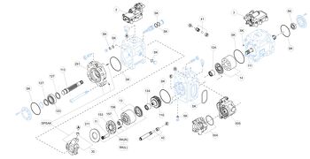 Exploded view technical diagram of Kawasaki K5V80DTP axial piston hydraulic main pump and spare parts — including pistons, valve plate, swashplate, barrel, bearings, seals, and regulator components — genuine KPM replacement parts stocked and supplied by Fluid Power Distributors (FPD), New Zealand's exclusive Kawasaki Precision Machinery distributor and authorised service centre, Hamilton New Zealand