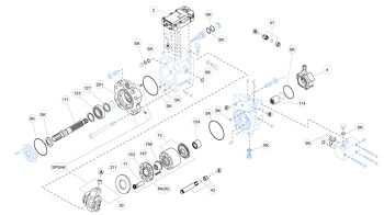 Exploded view technical diagram of Kawasaki K3V63S axial piston hydraulic main pump and spare parts — including pistons, valve plate, swashplate, barrel, bearings, seals, and regulator components — genuine KPM replacement parts stocked and supplied by Fluid Power Distributors (FPD), New Zealand's exclusive Kawasaki Precision Machinery distributor and authorised service centre, Hamilton New Zealand