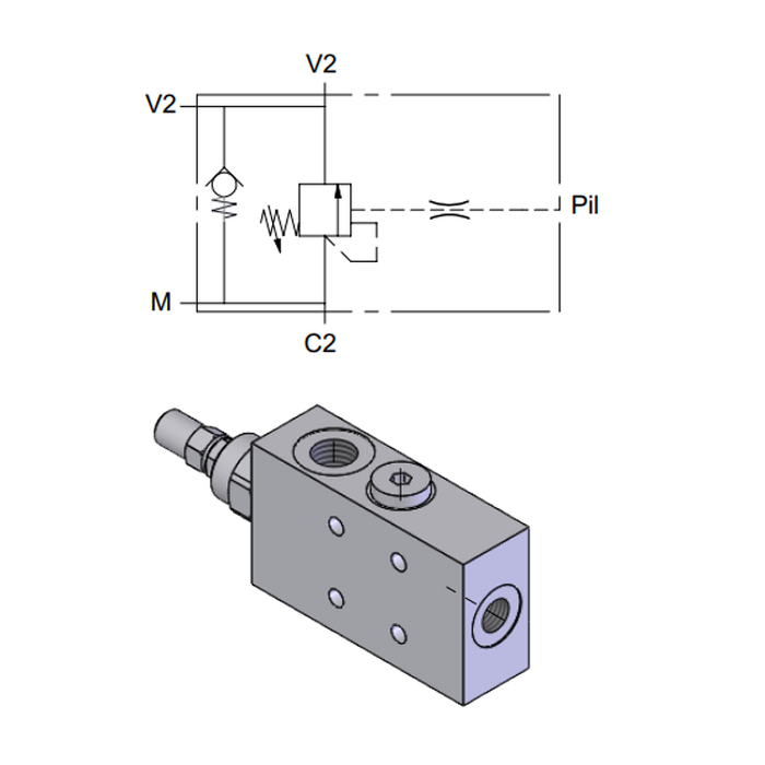 Single Effect Overcenter Flangeable Valve, 28×28 mm Fixing — hydraulic valve for flow control, pressure regulation, or circuit protection in mobile and industrial hydraulic systems, supplied by Fluid Power Distributors (FPD), Hamilton New Zealand — hydraulic valve specialists for construction, agriculture, forestry, and industrial applications across New Zealand