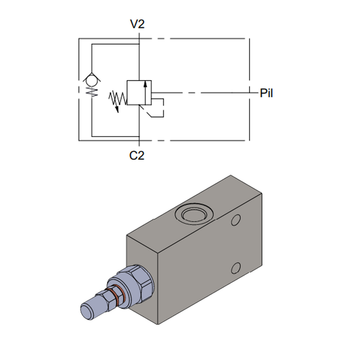 Single Effect Overcenter Valve, External Pilotage — hydraulic valve for flow control, pressure regulation, or circuit protection in mobile and industrial hydraulic systems, supplied by Fluid Power Distributors (FPD), Hamilton New Zealand — hydraulic valve specialists for construction, agriculture, forestry, and industrial applications across New Zealand
