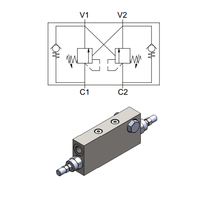 Double Effect Overcenter Valve, Banjo Bolt Flangeable — hydraulic valve for flow control, pressure regulation, or circuit protection in mobile and industrial hydraulic systems, supplied by Fluid Power Distributors (FPD), Hamilton New Zealand — hydraulic valve specialists for construction, agriculture, forestry, and industrial applications across New Zealand