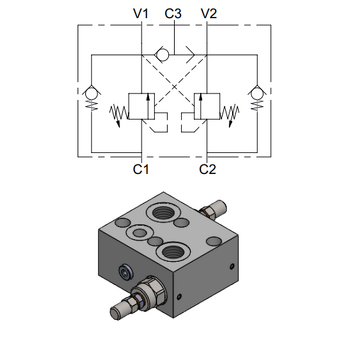 Double Effect Overcenter Valve, OMP/OMR Motor Flangeable — hydraulic valve for flow control, pressure regulation, or circuit protection in mobile and industrial hydraulic systems, supplied by Fluid Power Distributors (FPD), Hamilton New Zealand — hydraulic valve specialists for construction, agriculture, forestry, and industrial applications across New Zealand