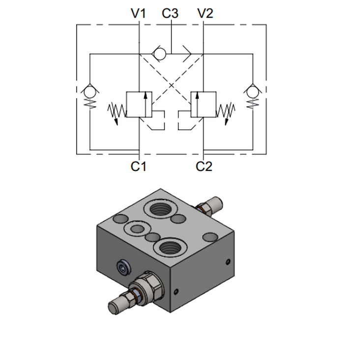 Double Effect Overcenter Valve, OMP/OMR Motor Flangeable — hydraulic valve for flow control, pressure regulation, or circuit protection in mobile and industrial hydraulic systems, supplied by Fluid Power Distributors (FPD), Hamilton New Zealand — hydraulic valve specialists for construction, agriculture, forestry, and industrial applications across New Zealand