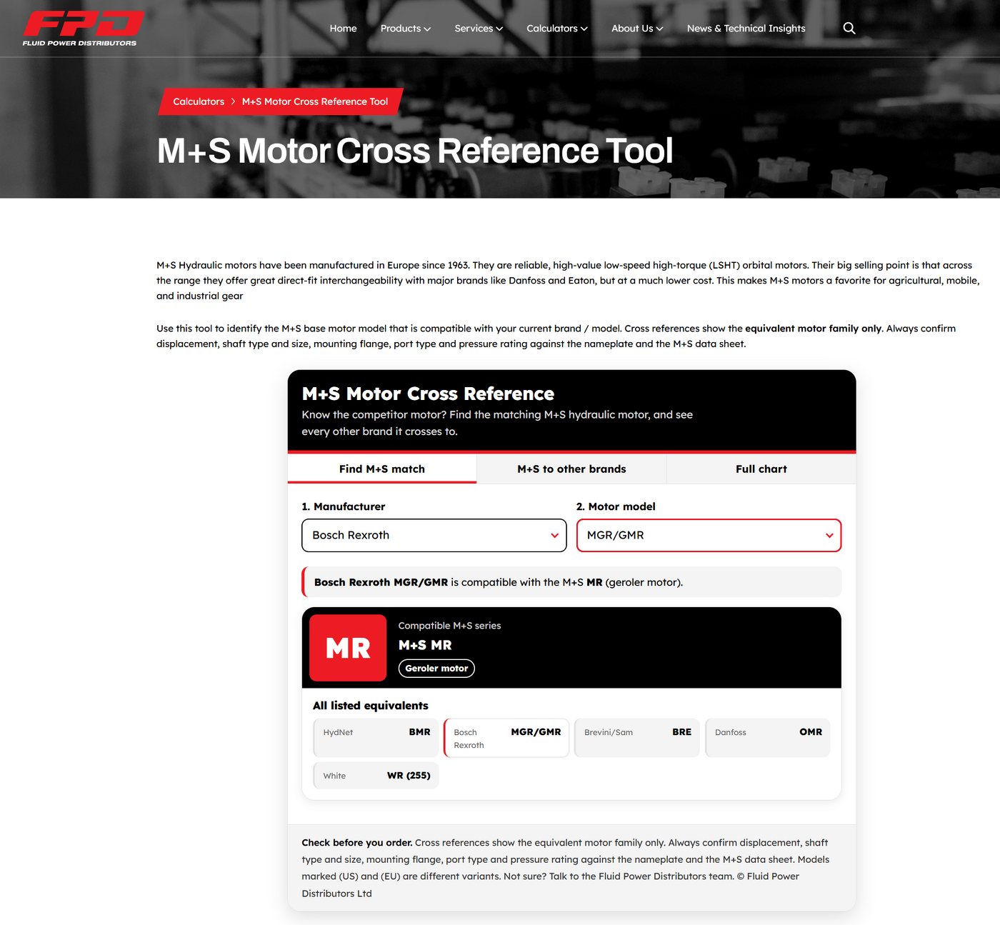 Image of the M+S motor cross referencing tool built by Fluid Power Distributors