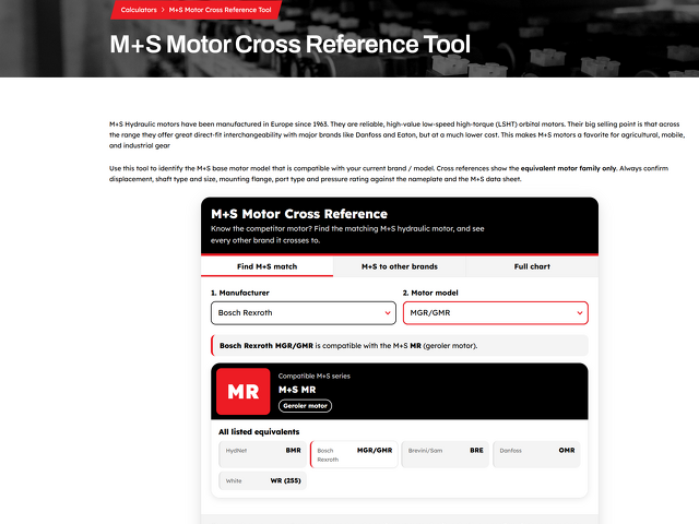 Image of the M+S motor cross referencing tool built by Fluid Power Distributors