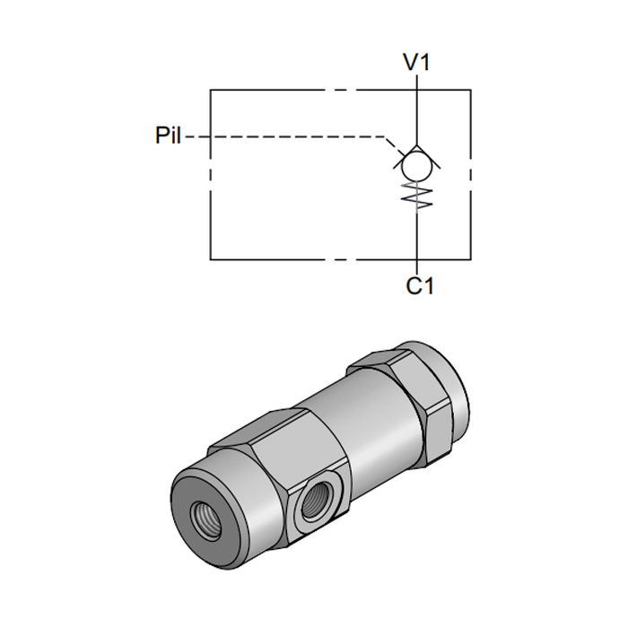 Inline Single Pilot Operated Check Valve (Side Pilot) — hydraulic valve for flow control, pressure regulation, or circuit protection in mobile and industrial hydraulic systems, supplied by Fluid Power Distributors (FPD), Hamilton New Zealand — hydraulic valve specialists for construction, agriculture, forestry, and industrial applications across New Zealand