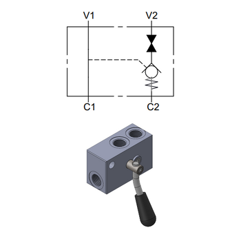 Single Pilot Operated Check Valve with Right Manual Shut-Off — hydraulic valve for flow control, pressure regulation, or circuit protection in mobile and industrial hydraulic systems, supplied by Fluid Power Distributors (FPD), Hamilton New Zealand — hydraulic valve specialists for construction, agriculture, forestry, and industrial applications across New Zealand