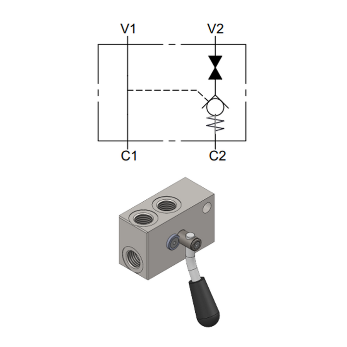 Single Pilot Operated Check Valve with Left Manual Shut-Off — hydraulic valve for flow control, pressure regulation, or circuit protection in mobile and industrial hydraulic systems, supplied by Fluid Power Distributors (FPD), Hamilton New Zealand — hydraulic valve specialists for construction, agriculture, forestry, and industrial applications across New Zealand