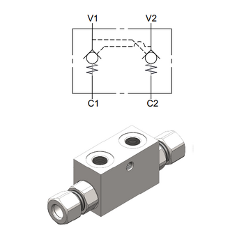 Dual Pilot Operated Check Valve (DIN Port Pilot) — hydraulic valve for flow control, pressure regulation, or circuit protection in mobile and industrial hydraulic systems, supplied by Fluid Power Distributors (FPD), Hamilton New Zealand — hydraulic valve specialists for construction, agriculture, forestry, and industrial applications across New Zealand