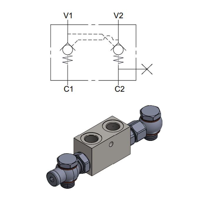 Dual Pilot Operated Check Valve with Adjustable Banjo Union — hydraulic valve for flow control, pressure regulation, or circuit protection in mobile and industrial hydraulic systems, supplied by Fluid Power Distributors (FPD), Hamilton New Zealand — hydraulic valve specialists for construction, agriculture, forestry, and industrial applications across New Zealand