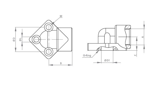 Port Adaptor Flange Mounting 90° Pipe Threaded Schematic — 3-Hole — hydraulic system accessory for mobile and industrial hydraulic installations, supplied by Fluid Power Distributors (FPD), Hamilton New Zealand — hydraulic components specialists for construction, agriculture, and industrial sectors across New Zealand