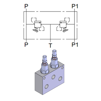 Double Direct Acting Relief Valve with Manifold — hydraulic valve for flow control, pressure regulation, or circuit protection in mobile and industrial hydraulic systems, supplied by Fluid Power Distributors (FPD), Hamilton New Zealand — hydraulic valve specialists for construction, agriculture, forestry, and industrial applications across New Zealand