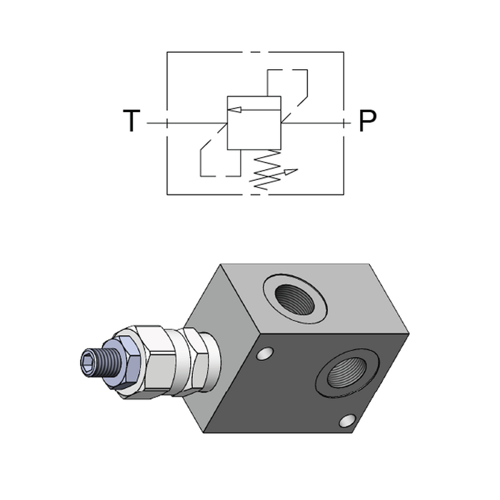 Direct Acting Relief Valve with Aluminium Manifold (30 l/min) — hydraulic valve for flow control, pressure regulation, or circuit protection in mobile and industrial hydraulic systems, supplied by Fluid Power Distributors (FPD), Hamilton New Zealand — hydraulic valve specialists for construction, agriculture, forestry, and industrial applications across New Zealand