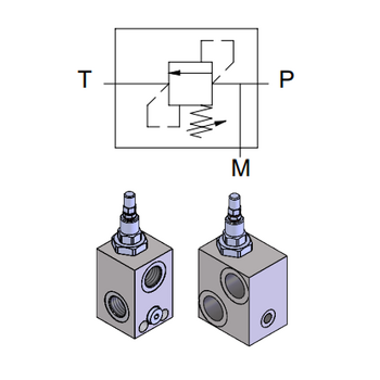 Differential Relief Valve in Manifold with Manometer Port — hydraulic valve for flow control, pressure regulation, or circuit protection in mobile and industrial hydraulic systems, supplied by Fluid Power Distributors (FPD), Hamilton New Zealand — hydraulic valve specialists for construction, agriculture, forestry, and industrial applications across New Zealand